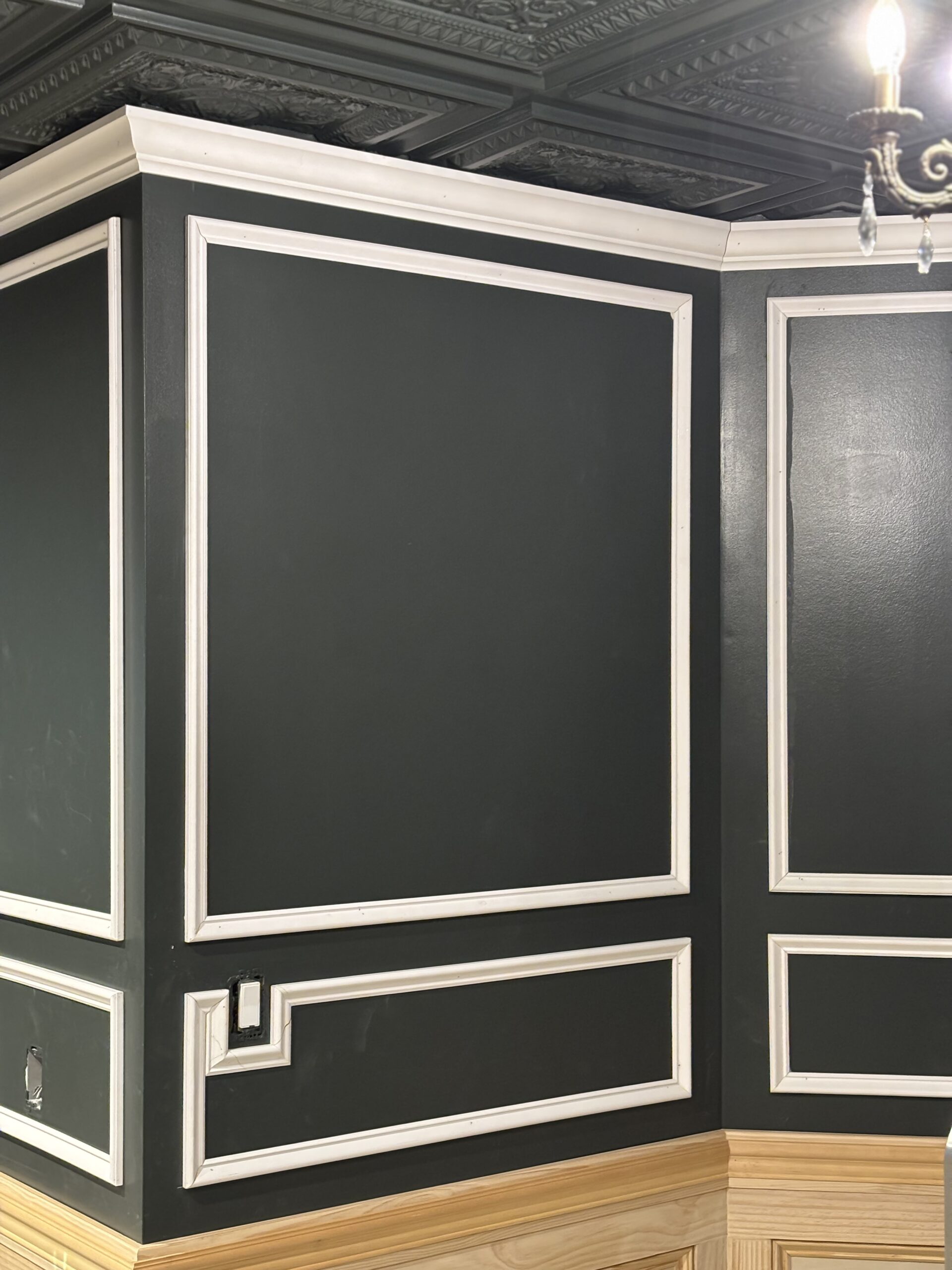 Dark painted wall with white trim paneling