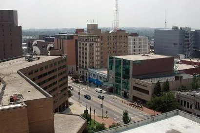 Aerial view of downtown High Point, NC buildings and streets