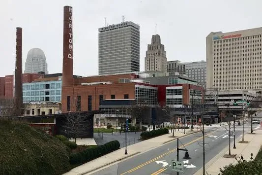 Downtown Winston-Salem, NC skyline with historic brick smokestacks